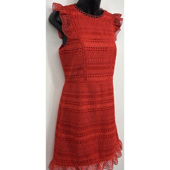 J Crew Women Sheath Dress Red Size 0 Ruffle Eyelet Lined Women Round Neck New - Picture 3 of 8